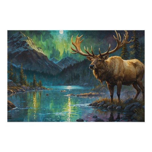Elk Wapiti  Northern Lights Poster