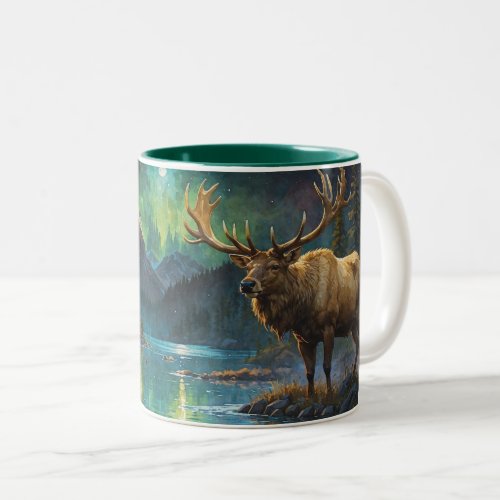 Elk Wapiti  Northern Lights Two_Tone Coffee Mug