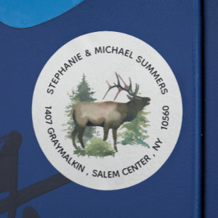 Elk Watercolor Forest Trees Round Return Address Classic Round Sticker