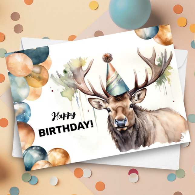 Elk with Balloons and Party Hat Wildlife Birthday Card (Creator Uploaded)