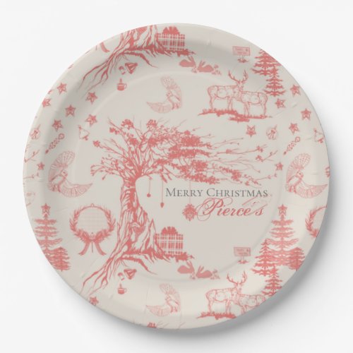 Elk Woods French Toile in Red with Personalization Paper Plates