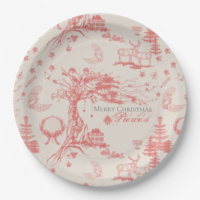 Elk Woods French Toile in Red with Personalization Paper Plates (Front)