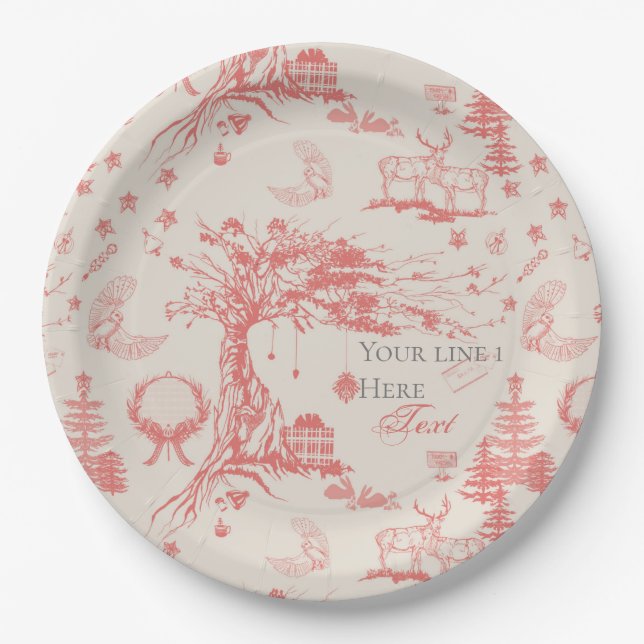 Elk Woods French Toile in Red with Personalization Paper Plates (Front)