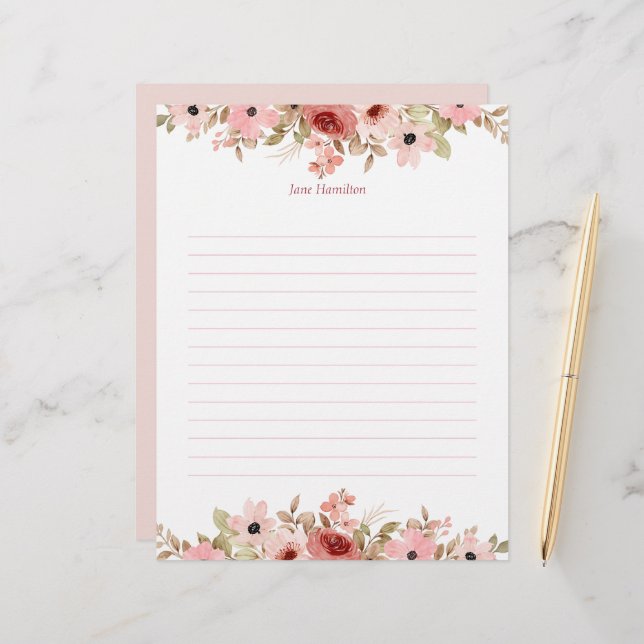ELLE Pink Flower Elegant Lined Letterhead (Front/Back In Situ)