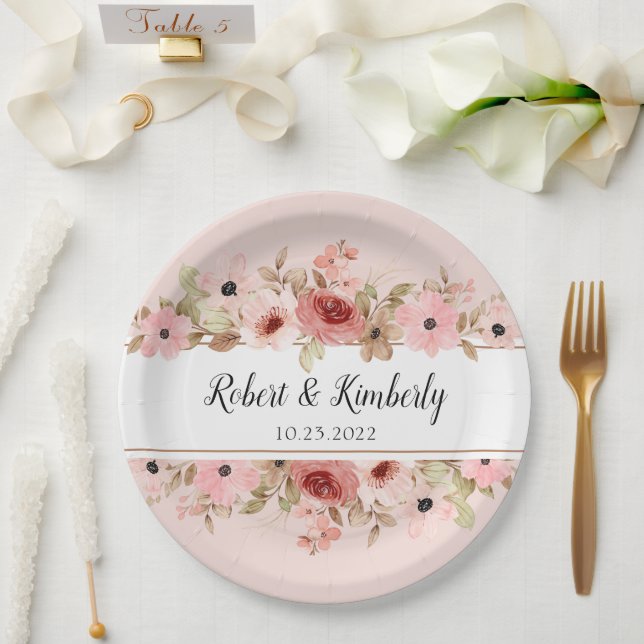 ELLE Pink Flower Elegant Wedding Paper Plates (Wedding)