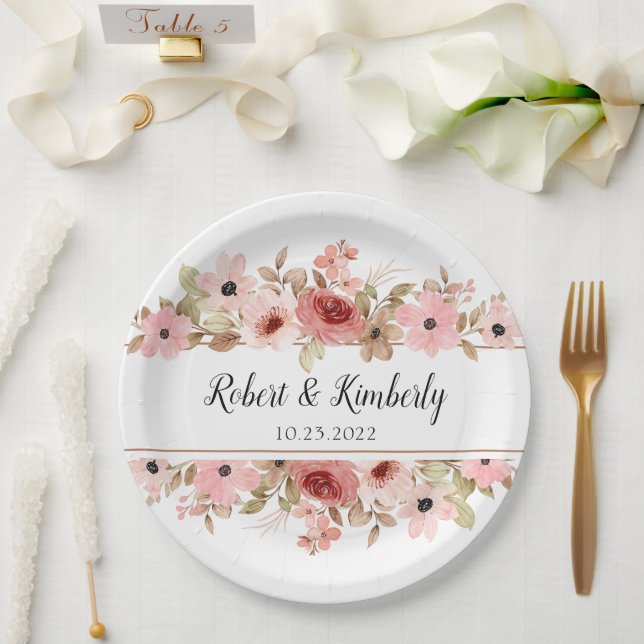 ELLE Pink Flower Elegant Wedding Paper Plates (Wedding)