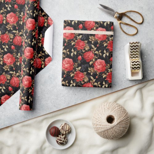 Ellegant Red Roses with Gold Leaves Wrapping Paper