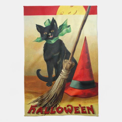 Ellen H Clapsaddle Black Cat Broom and Hat Kitchen Towel