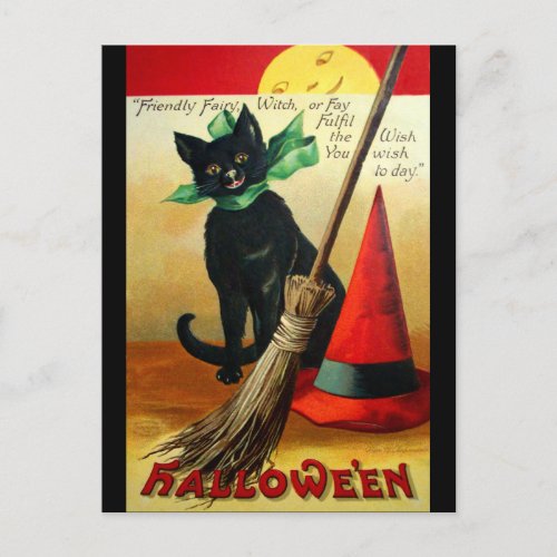 Ellen H Clapsaddle Black Cat Broom and Hat Postcard