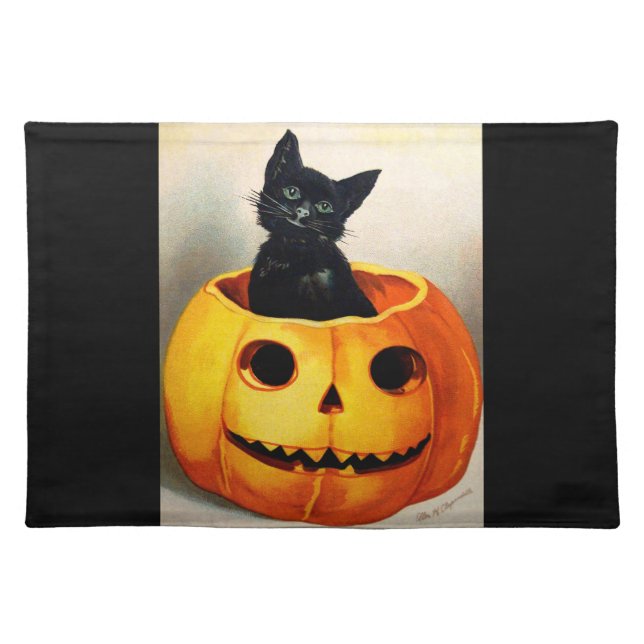 Ellen H. Clapsaddle: Black Cat in Jack O'Lantern Cloth Placemat (Front)