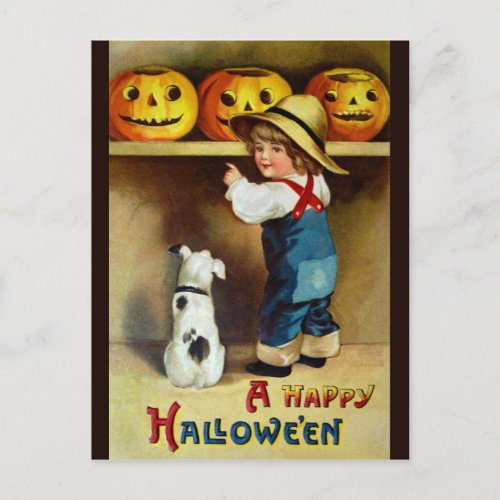 Ellen H Clapsaddle Boy Dog and Jack OLanterns Postcard