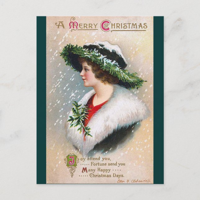 Ellen H. Clapsaddle - Christmas Woman in Green Holiday Postcard (Front)