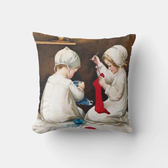 Ellen H. Clapsaddle: Girls Stitching Stockings Throw Pillow (Front)