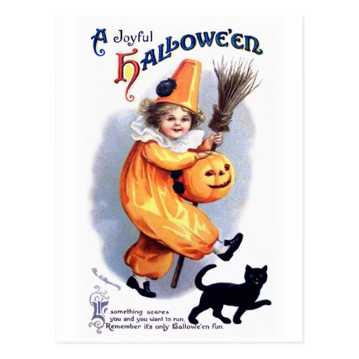 Ellen H. Clapsaddle: Halloween Harlequin with Cat Postcard | Zazzle