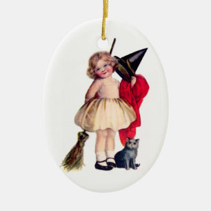 Ellen H. Clapsaddle: Little Witch with Cat Ceramic Ornament