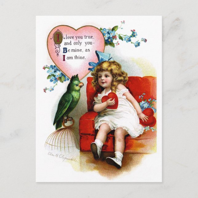 Ellen H. Clapsaddle: Valentine Girl with Parrot Holiday Postcard (Front)