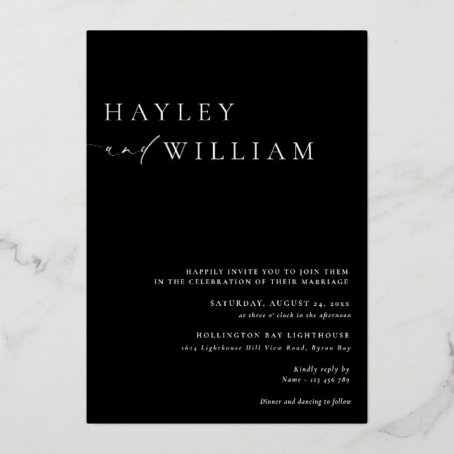 Ellesmere Black Modern Minimalist Wedding Foil Invitation (Back)