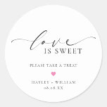 Ellesmere Love Is Sweet Wedding Favor Classic Round Sticker<br><div class="desc">These wedding favor stickers feature a minimalist design and calligraphy heading. Personalize the bags with your names and date, the script heading is not editable. These favor stickers can be used for weddings, bridal showers, baby showers, birthdays, or any other event. For more advanced customization of this design, simply select...</div>