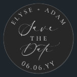 Ellesmere Modern Minimalist Wedding Save The Date Classic Round Sticker<br><div class="desc">The Ellesmere save the date envelope seal sticker features a modern minimalist design on a white background for a clean and simple look. The script text is not editable. All of the other text is fully editable. For more advanced customization of this design, simply select the "Customize It" button above....</div>