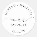 Ellesmere Our Favorite Favor Classic Round Sticker<br><div class="desc">These wedding favor stickers feature a minimalist design and calligraphy heading. Personalize the stickers with your names and date, the script heading is not editable. These favor stickers can be used for weddings, bridal showers, baby showers, birthdays, or any other event. For more advanced customization of this design, simply select...</div>