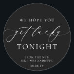 Ellesmere We Hope You Get Lucky Lotto Wedding Classic Round Sticker<br><div class="desc">These lotto ticket wedding favor stickers feature a minimalist design and calligraphy heading. Personalize the stickers with your names and date, the script heading is not editable. These favor stickers can be used for weddings, bridal showers, baby showers, birthdays, or any other event. For more advanced customization of this design,...</div>
