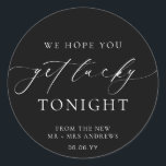 Ellesmere We Hope You Get Lucky Lotto Wedding Classic Round Sticker<br><div class="desc">These lotto ticket wedding favor stickers feature a minimalist design and calligraphy heading. Personalize the stickers with your names and date, the script heading is not editable. These favor stickers can be used for weddings, bridal showers, baby showers, birthdays, or any other event. For more advanced customization of this design,...</div>