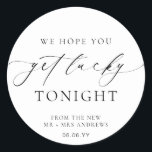 Ellesmere We Hope You Get Lucky Lotto Wedding Classic Round Sticker<br><div class="desc">These lotto ticket wedding favor stickers feature a minimalist design and calligraphy heading. Personalize the stickers with your names and date, the script heading is not editable. These favor stickers can be used for weddings, bridal showers, baby showers, birthdays, or any other event. For more advanced customization of this design,...</div>