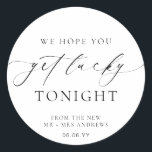 Ellesmere We Hope You Get Lucky Lotto Wedding Classic Round Sticker<br><div class="desc">These lotto ticket wedding favor stickers feature a minimalist design and calligraphy heading. Personalize the stickers with your names and date, the script heading is not editable. These favor stickers can be used for weddings, bridal showers, baby showers, birthdays, or any other event. For more advanced customization of this design,...</div>