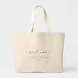 Ellesmere Wedding Welcome Large Tote Bag<br><div class="desc">Welcome your guests to your wedding with the Ellesmere wedding tote. This wedding welcome tote bag features a minimalist design with a script calligraphy heading. The names and date can be customized to suit your wedding, however, the script heading is an image that cannot be edited. For more advanced customization...</div>
