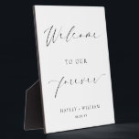 Ellesmere Welcome To Our Forever Wedding Welcome Plaque<br><div class="desc">Add the finishing touch to your wedding with this custom wedding welcome sign. The sign features a minimalist design with a script calligraphy heading. The script heading is an image that cannot be edited. All of the other text is fully editable. This sign is the perfect accompaniment to your wedding,...</div>