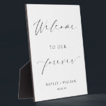 Ellesmere Welcome To Our Forever Wedding Welcome Plaque<br><div class="desc">Add the finishing touch to your wedding with this custom wedding welcome sign. The sign features a minimalist design with a script calligraphy heading. The script heading is an image that cannot be edited. All of the other text is fully editable. This sign is the perfect accompaniment to your wedding,...</div>