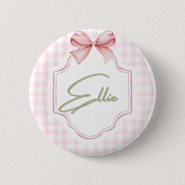 Ellie Personalized Pink Bow & Gingham Print  Button (Front)