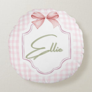 Ellie Personalized Pink Bow & Gingham Print Round Pillow