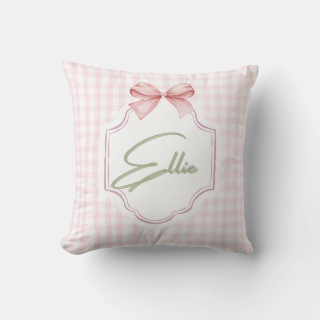 Ellie Personalized Pink Bow & Gingham Print  Throw Pillow (Front)