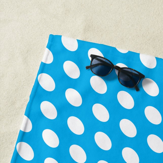 Elliptical White Polka Dots On Bright Azure Blue Beach Towel (In Situ)