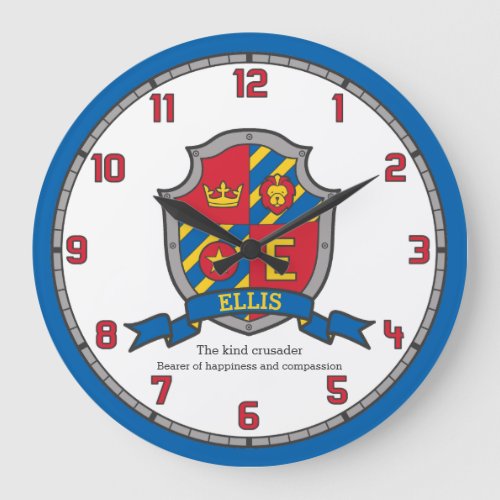 Ellis name meaning heraldry shield letter E lion Large Clock