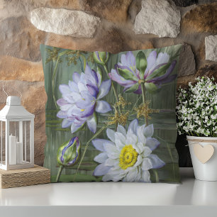 Ellis Rowan Blue White Water Lily Vintage Flowers Throw Pillow