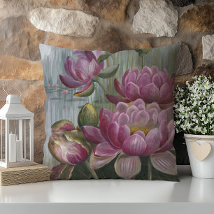 Ellis Rowan Pink Water Lily Vintage Flowers Throw Pillow