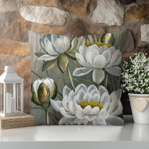 Ellis Rowan White Water Lily Vintage Flowers Throw Pillow