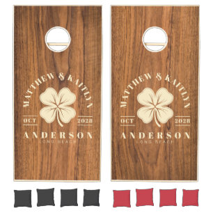 Elm Wood Irish Clover Wedding Crest Cornhole Set