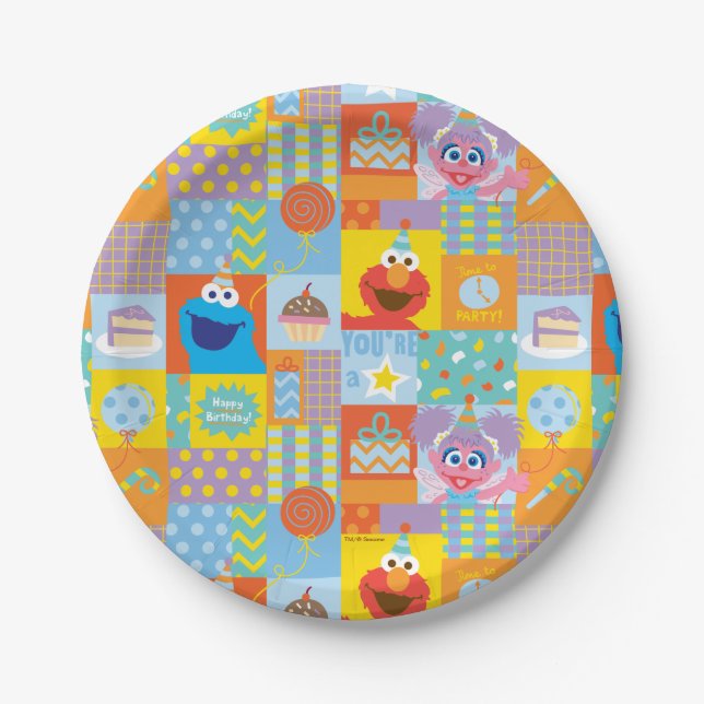 Elmo, Abby, and Cookie Monster Birthday Pattern Paper Plates (Front)
