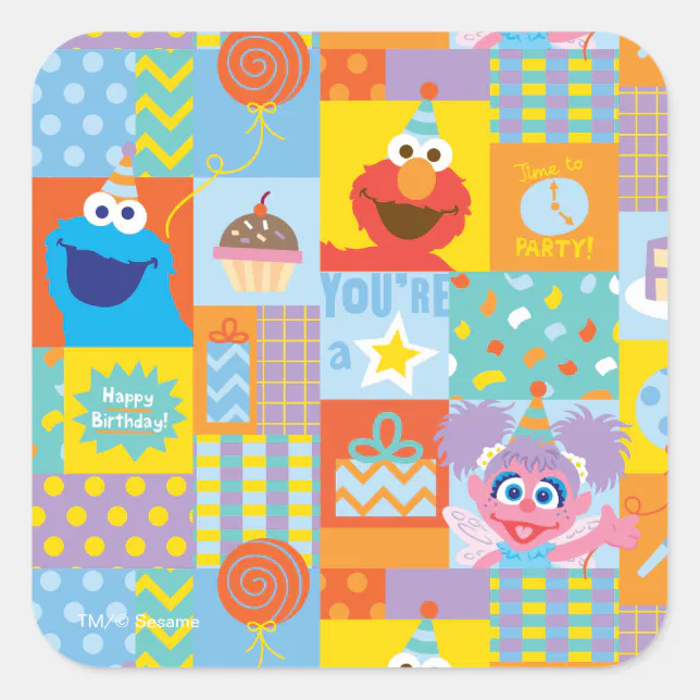 Elmo, Abby, and Cookie Monster Birthday Pattern Square Sticker | Zazzle