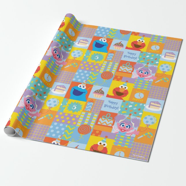 Elmo, Abby, and Cookie Monster Birthday Pattern Wrapping Paper (Unrolled)