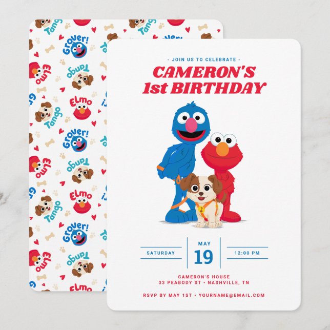 Elmo, Grover & Tango Birthday Invitation (Front/Back)
