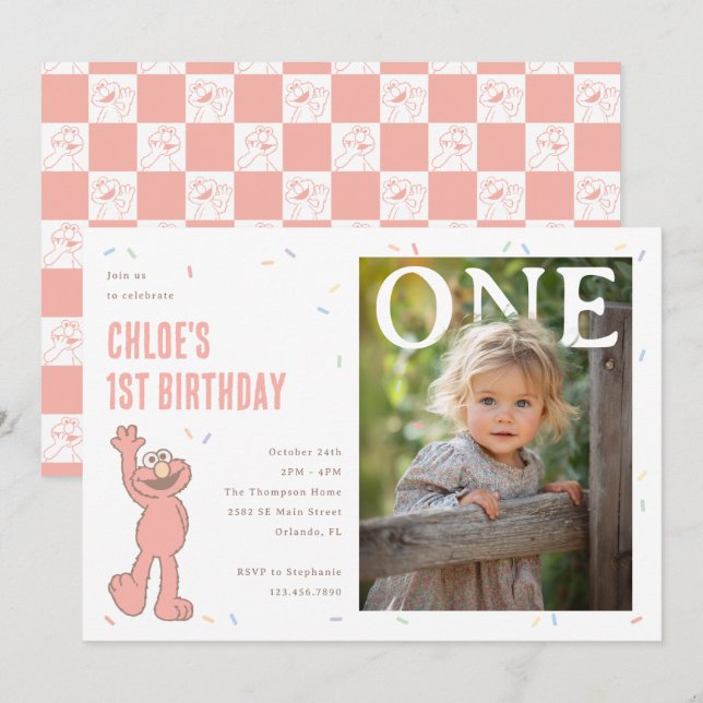 Elmo Pink Confetti 1st Birthday Celebration Invitation (Front/Back)