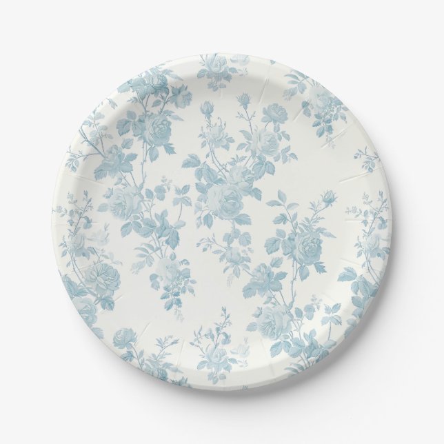 Eloise Floral, powder blue Paper Plates (Front)