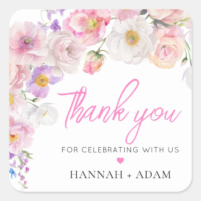Eloise Pink Floral Thank You Favor Square Sticker (Front)