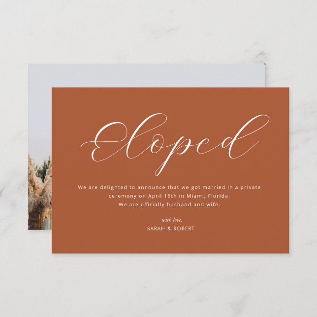 Eloped simple terracotta wedding announcement (Front/Back)