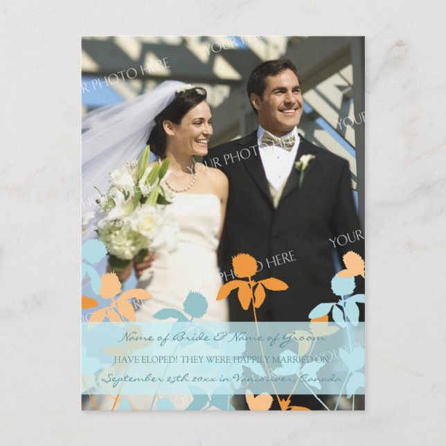 Elopement Announcement Photo Postcards Blue Orange (Front)