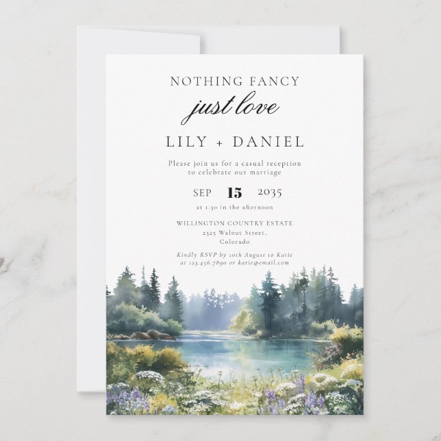 Elopement Forest Lakeside Floral Wedding Reception Invitation (Front)